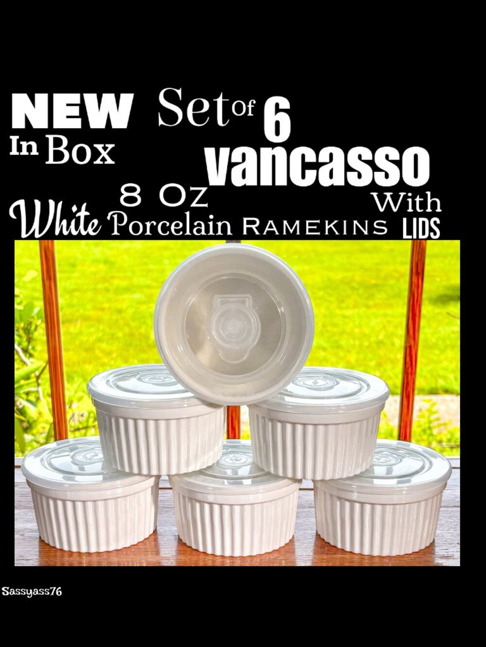 🆕NWT▪️VANCASSO▪️Set of Six 8 Oz White Porcelain Ramekins With Lids